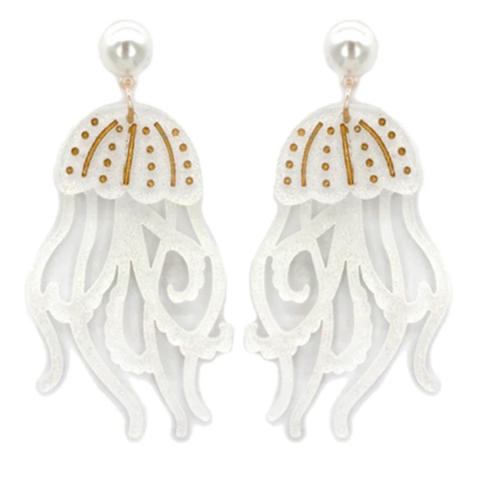 Jellyfish Earrings in Glittery White with Faux Pearl Studs